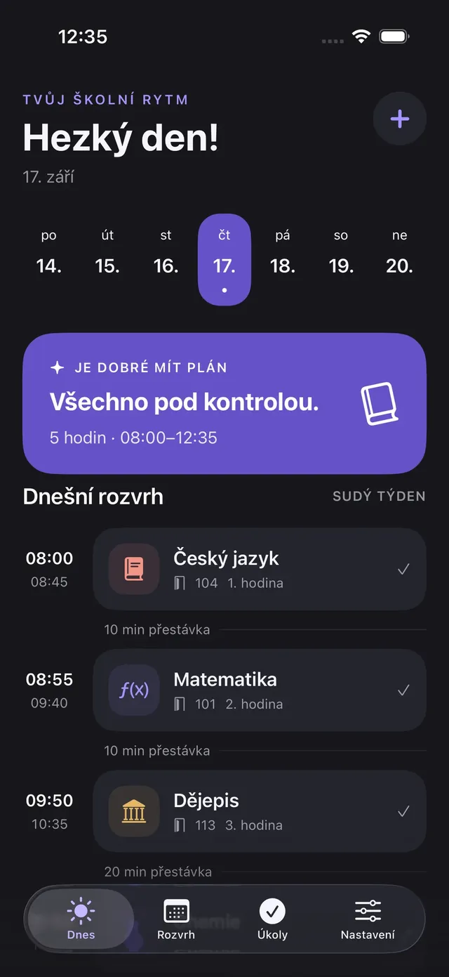 Obrazovka Dnes v aplikaci Lekto