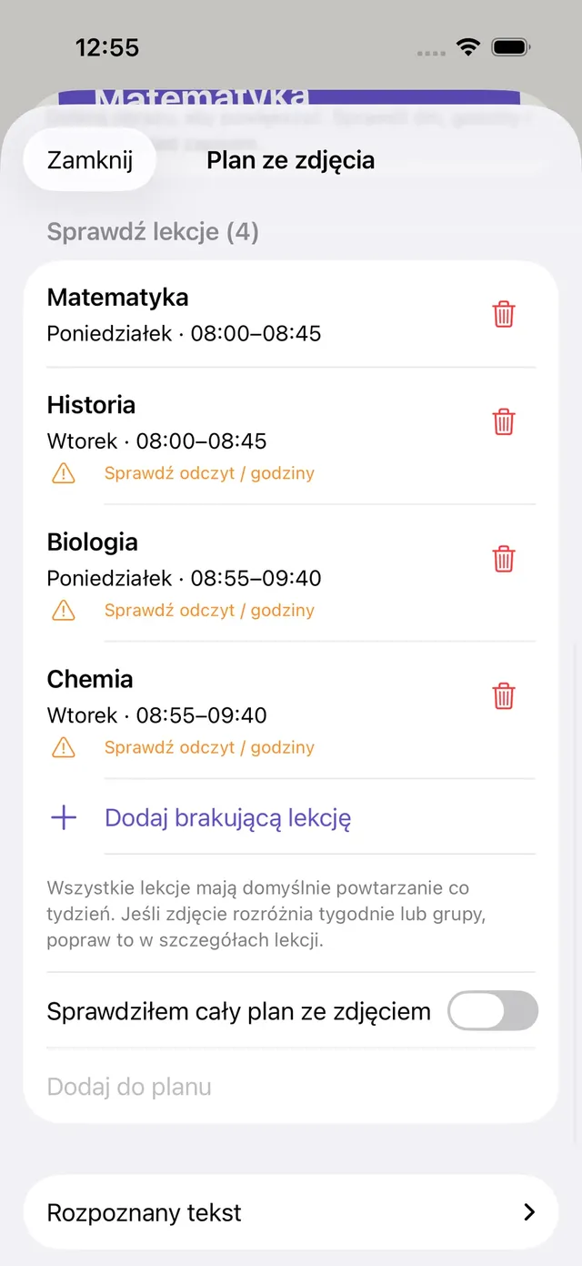 Ekran sprawdzania planu lekcji odczytanego ze zdjęcia w aplikacji Lekto