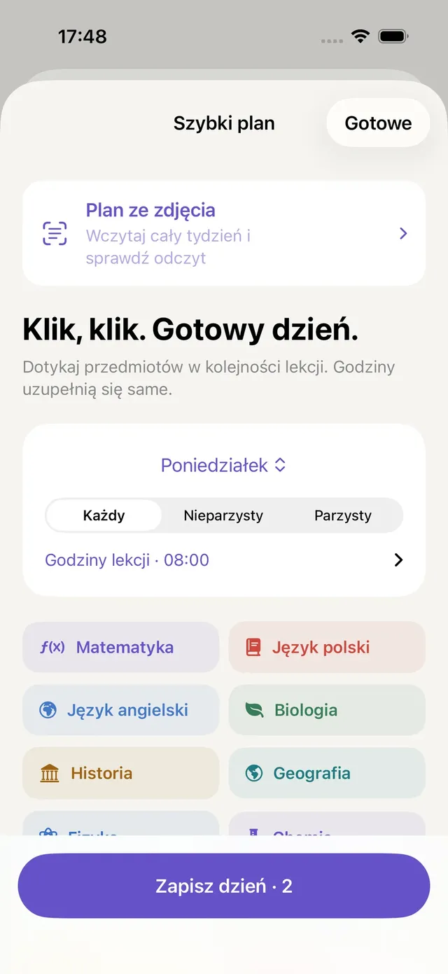 Szybki kreator planu lekcji w aplikacji Lekto