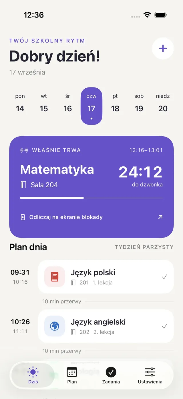 Ekran Dziś w aplikacji Lekto z bieżącą lekcją